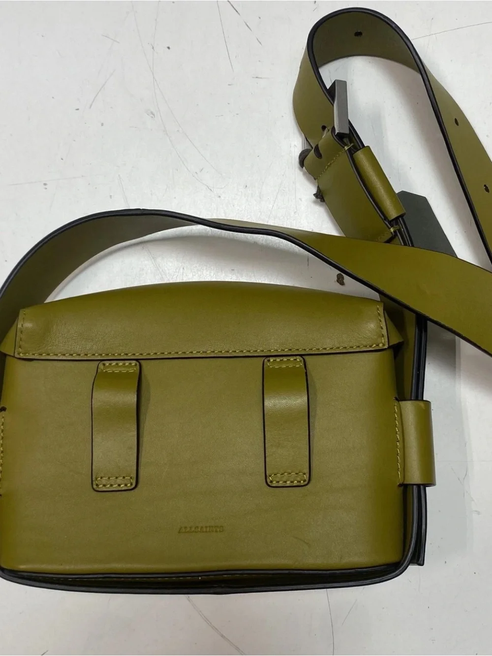 All Saints Olive Green Leather Crossbody with Silver-Tone Lock